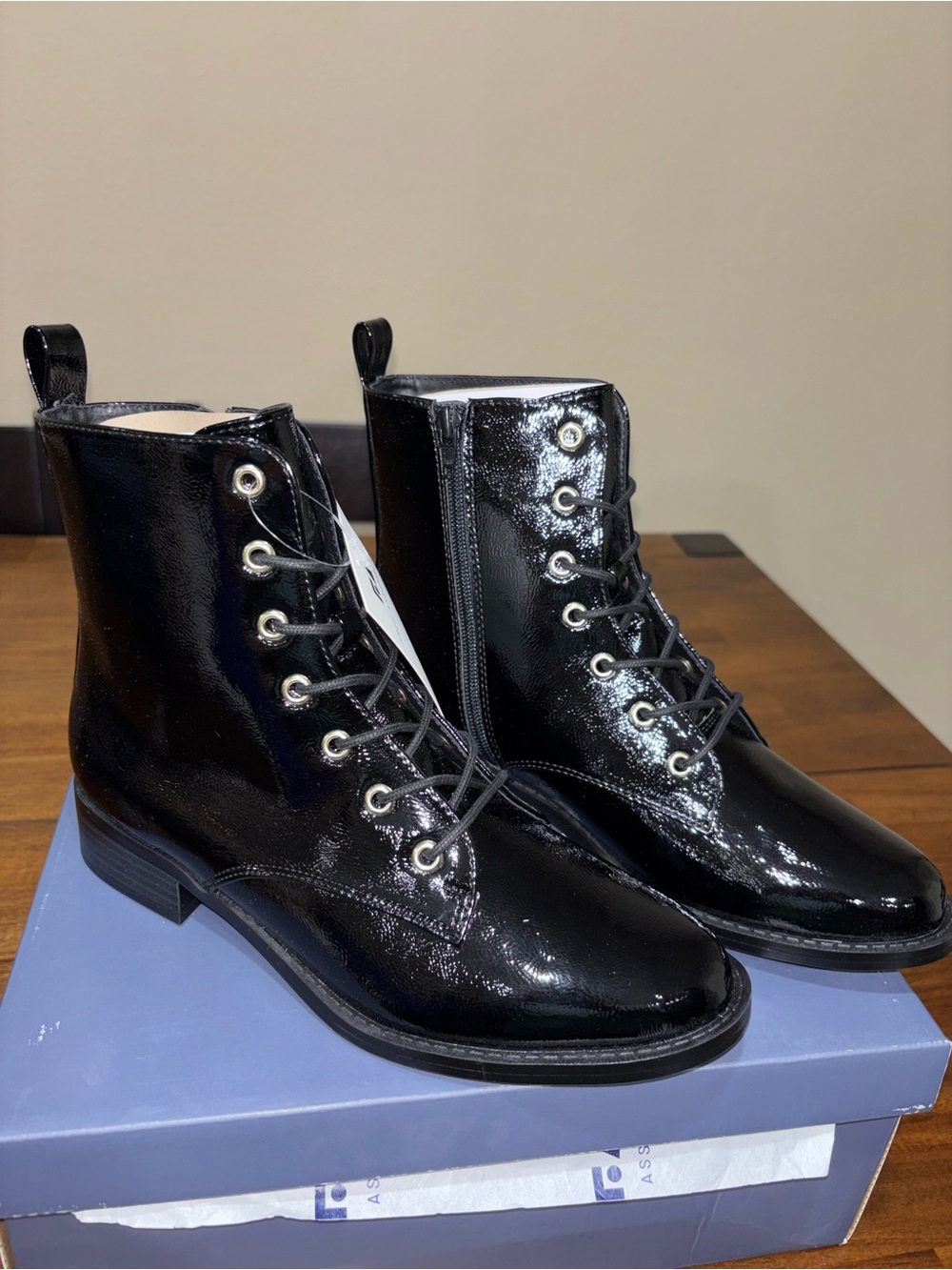 Free Assembly Black Patent Lace-Up Ankle Boots